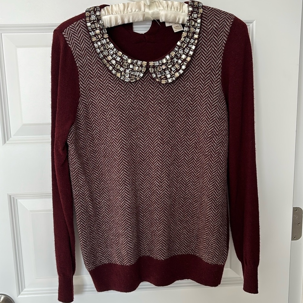 J Crew Herringbone Jeweled Collar Sweater Size XS